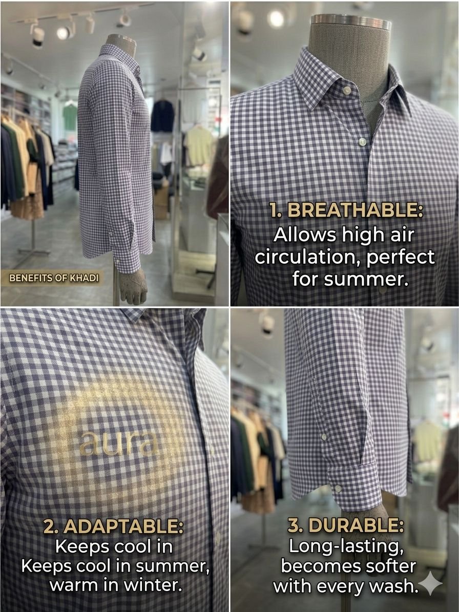 Men's Khadi Cotton Check Shirt – Navy Blue & White Checks - Image 4