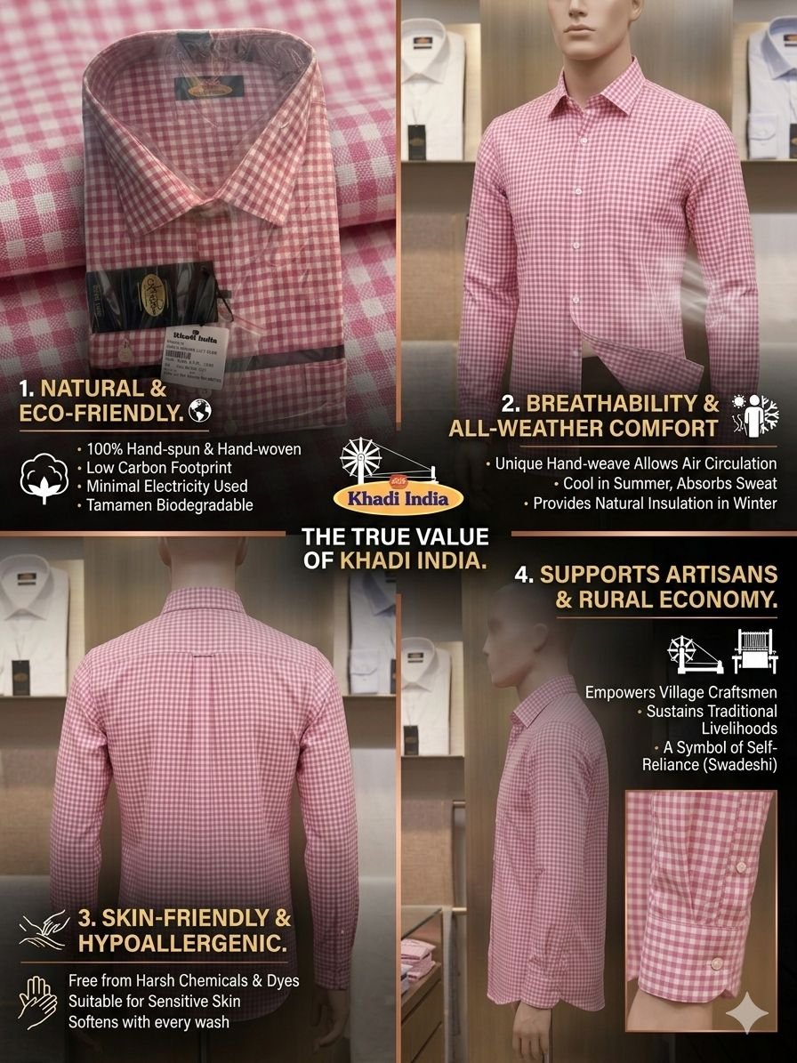 Men's Khadi Cotton Checked Shirt – Pink - Image 4