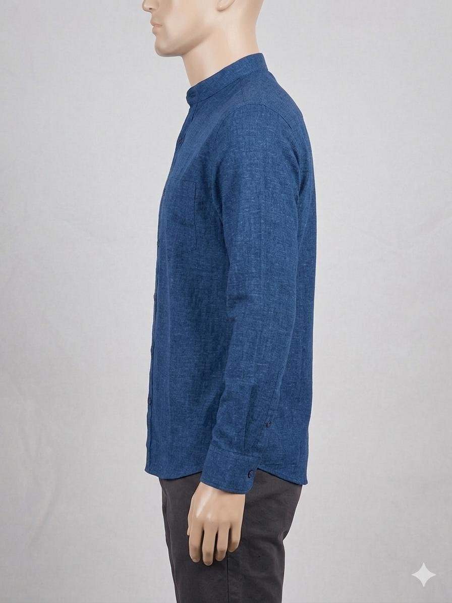 Men's Khadi Bapta Full Sleeve Prince Collar Shirt – Navy Blue - Image 3