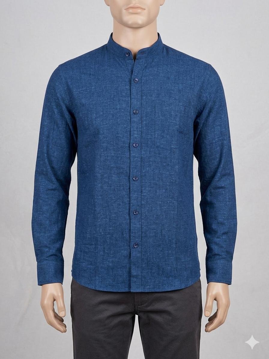 Men's Khadi Bapta Full Sleeve Prince Collar Shirt – Navy Blue