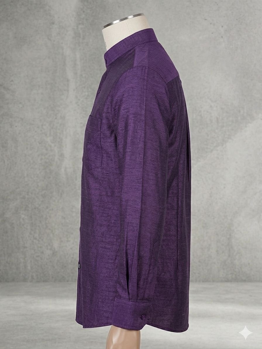 Men's Khadi Bapta Full Sleeve Prince Collar Shirt – Royal Purple - Image 3