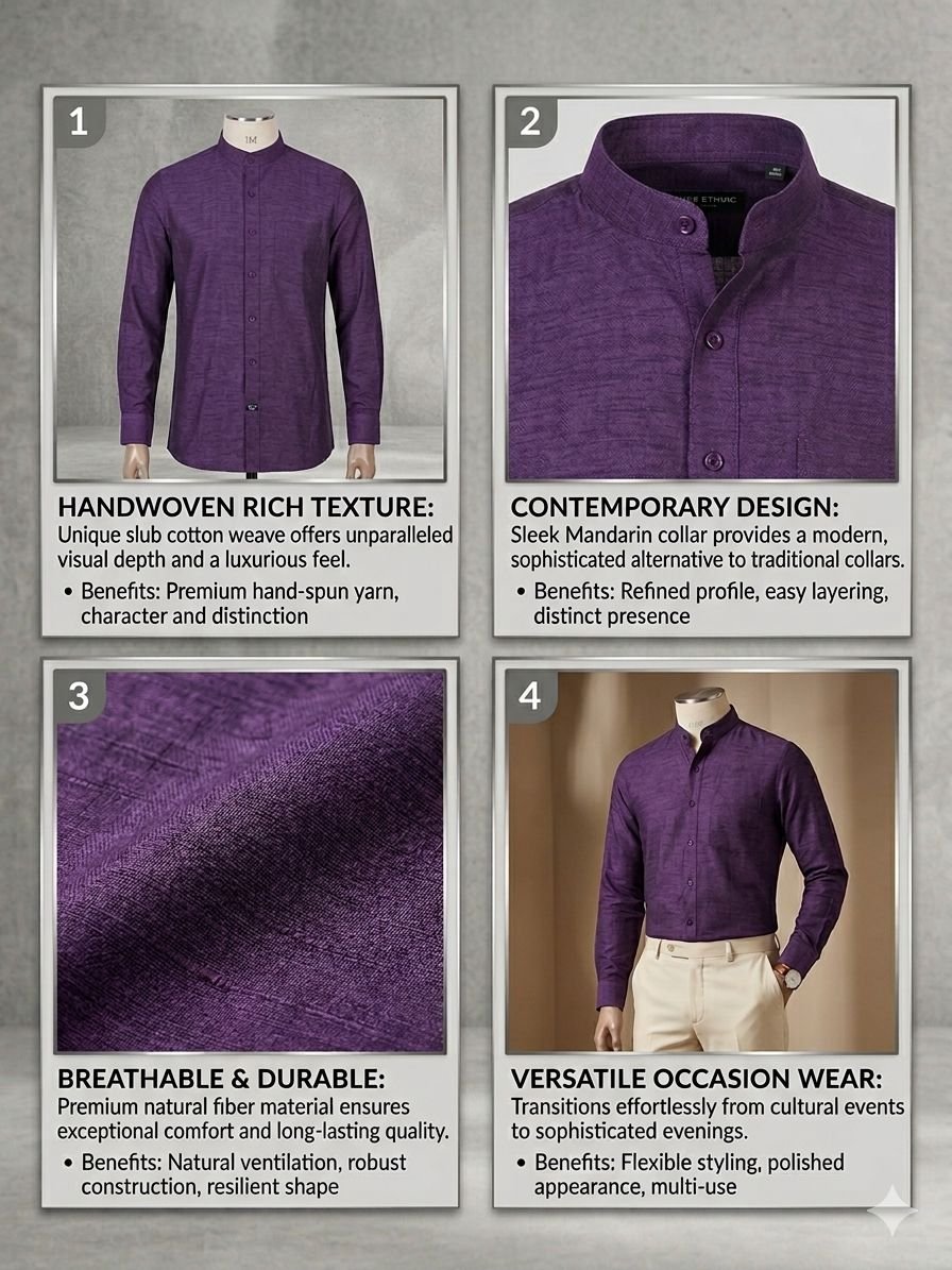 Men's Khadi Bapta Full Sleeve Prince Collar Shirt – Royal Purple - Image 4