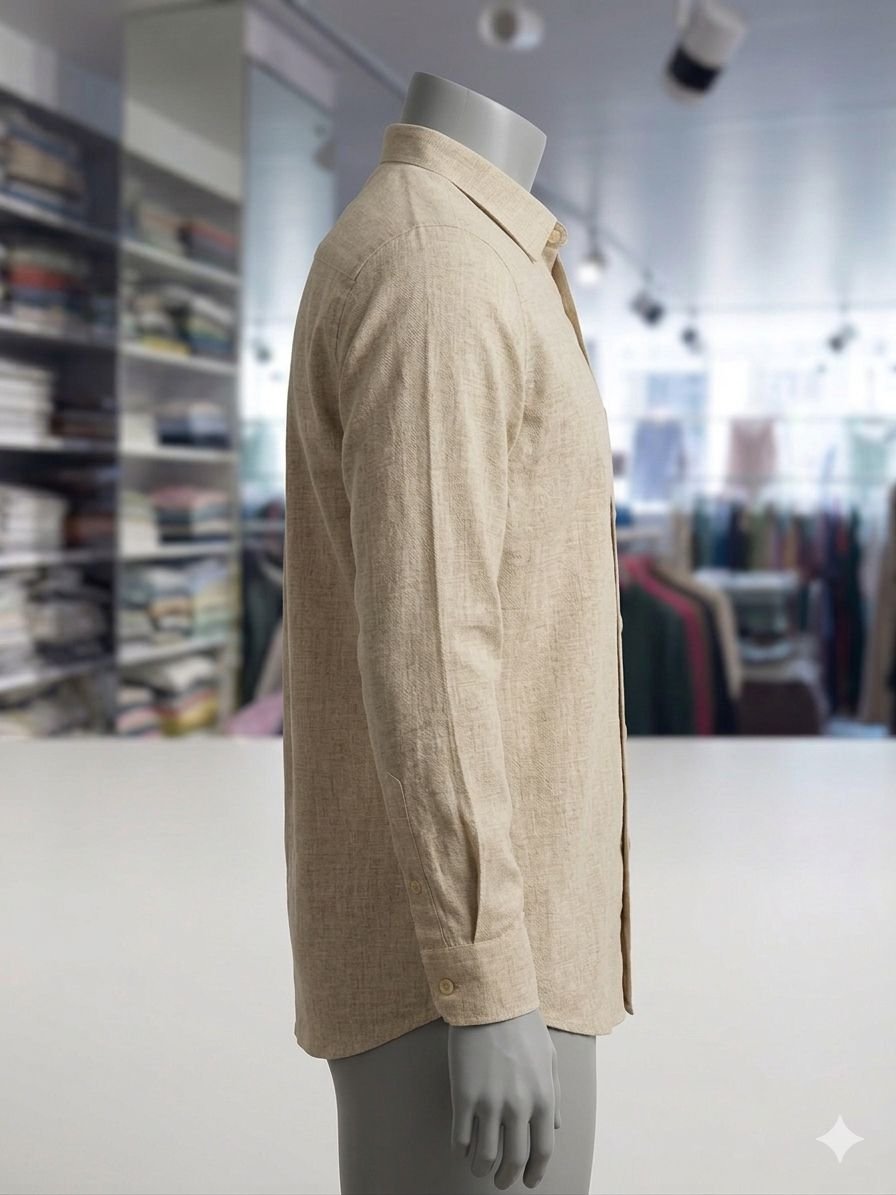 Men's Khadi Bapta Full Sleeve Prince Collar Shirt – Beige - Image 3
