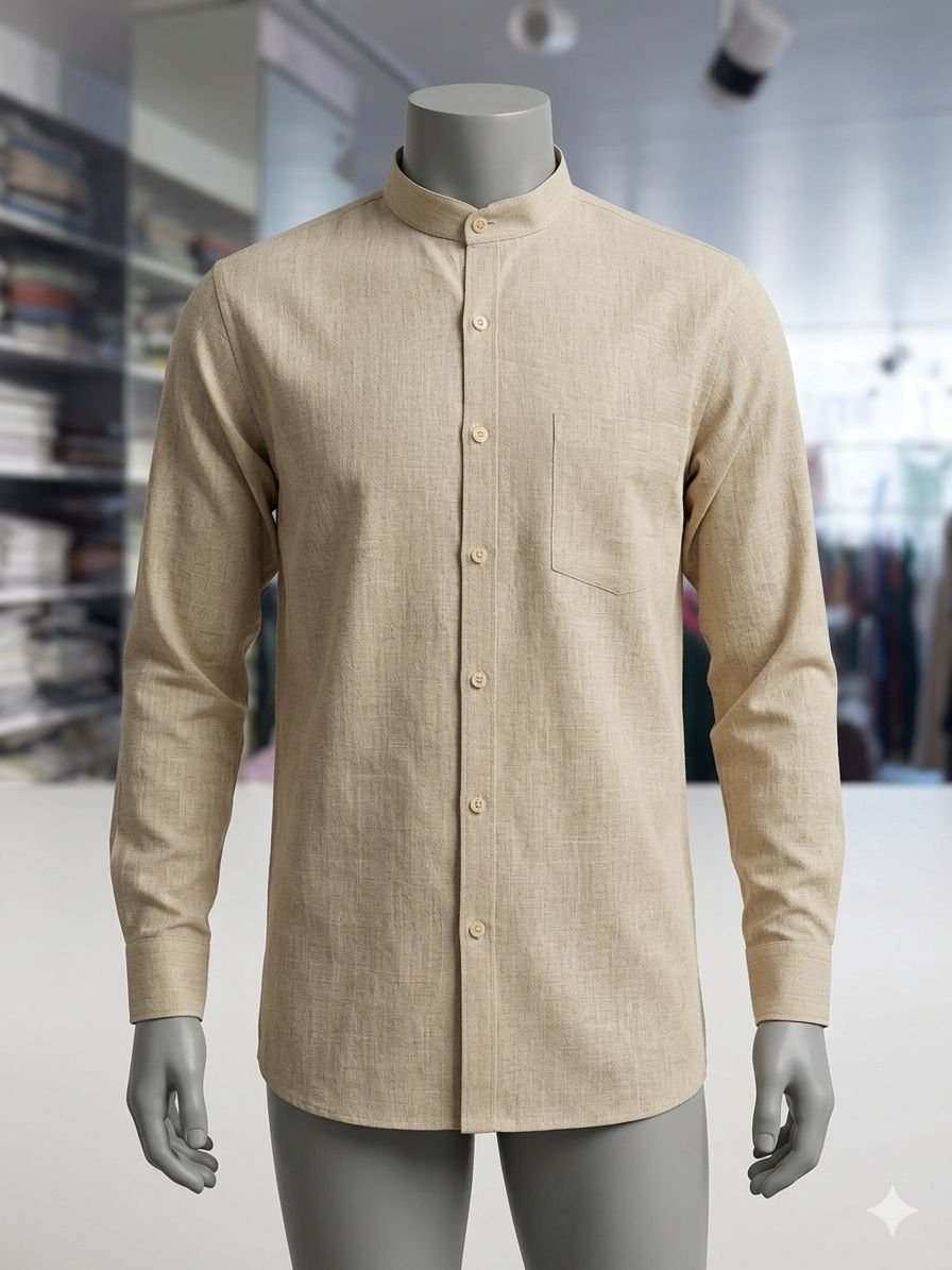 Men's Khadi Bapta Full Sleeve Prince Collar Shirt – Beige