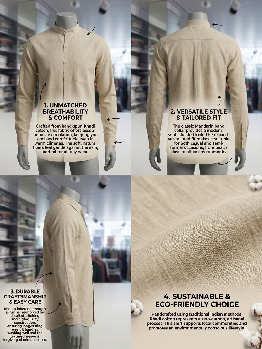 Men's Khadi Bapta Full Sleeve Prince Collar Shirt – Beige - Image 4