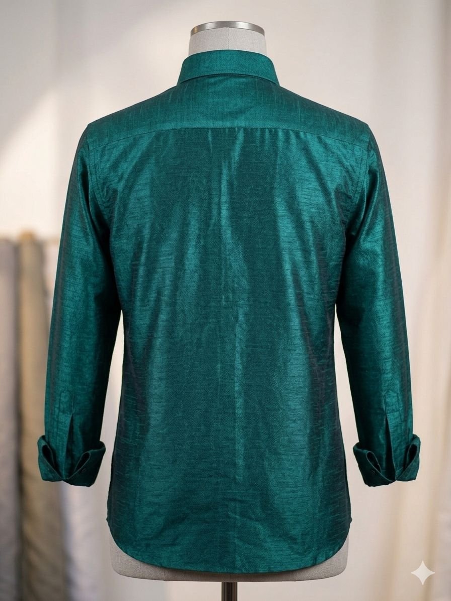 Men's Khadi Paper Silk Full Sleeve Shirt – Emerald Green - Image 2