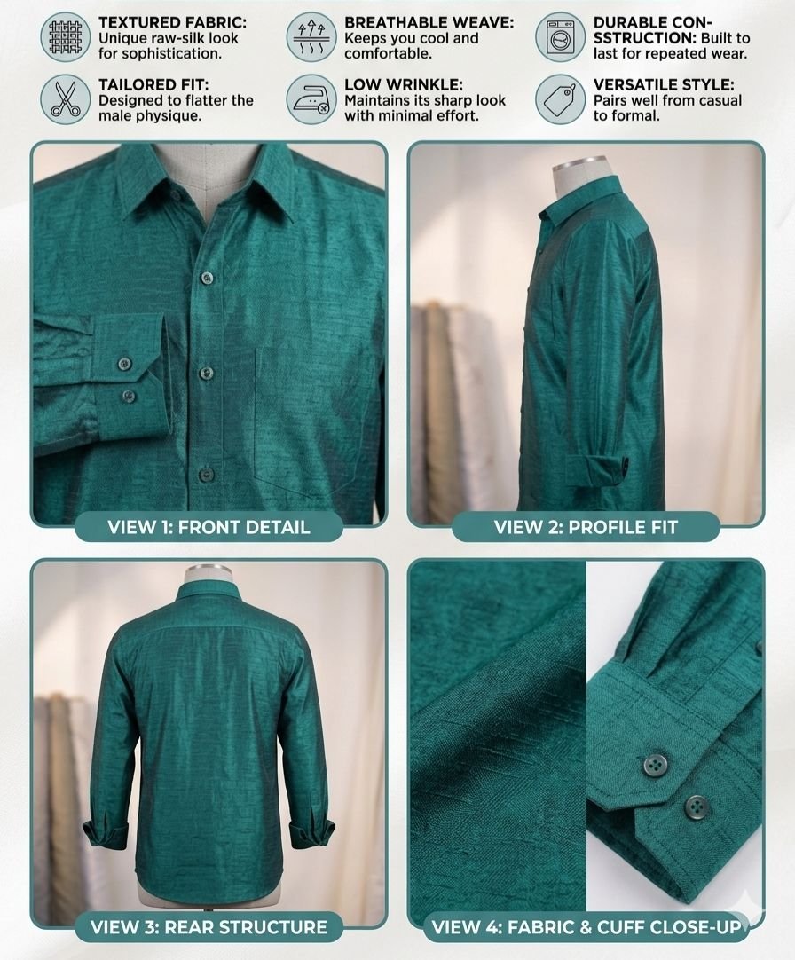 Men's Khadi Paper Silk Full Sleeve Shirt – Emerald Green - Image 4