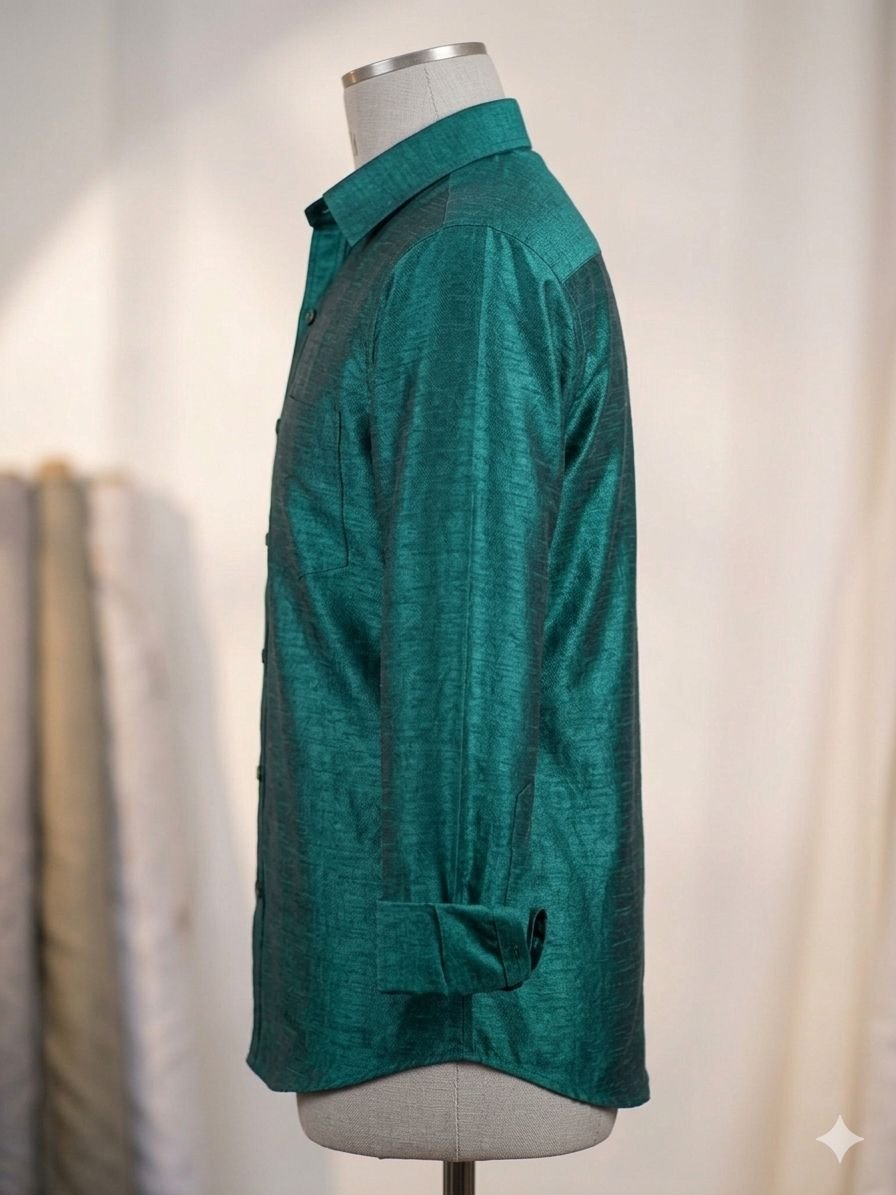 Men's Khadi Paper Silk Full Sleeve Shirt – Emerald Green - Image 3