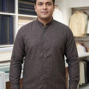 Men's Khadi Bapta Full Sleeve Prince Collar Shirt – Dark Brown
