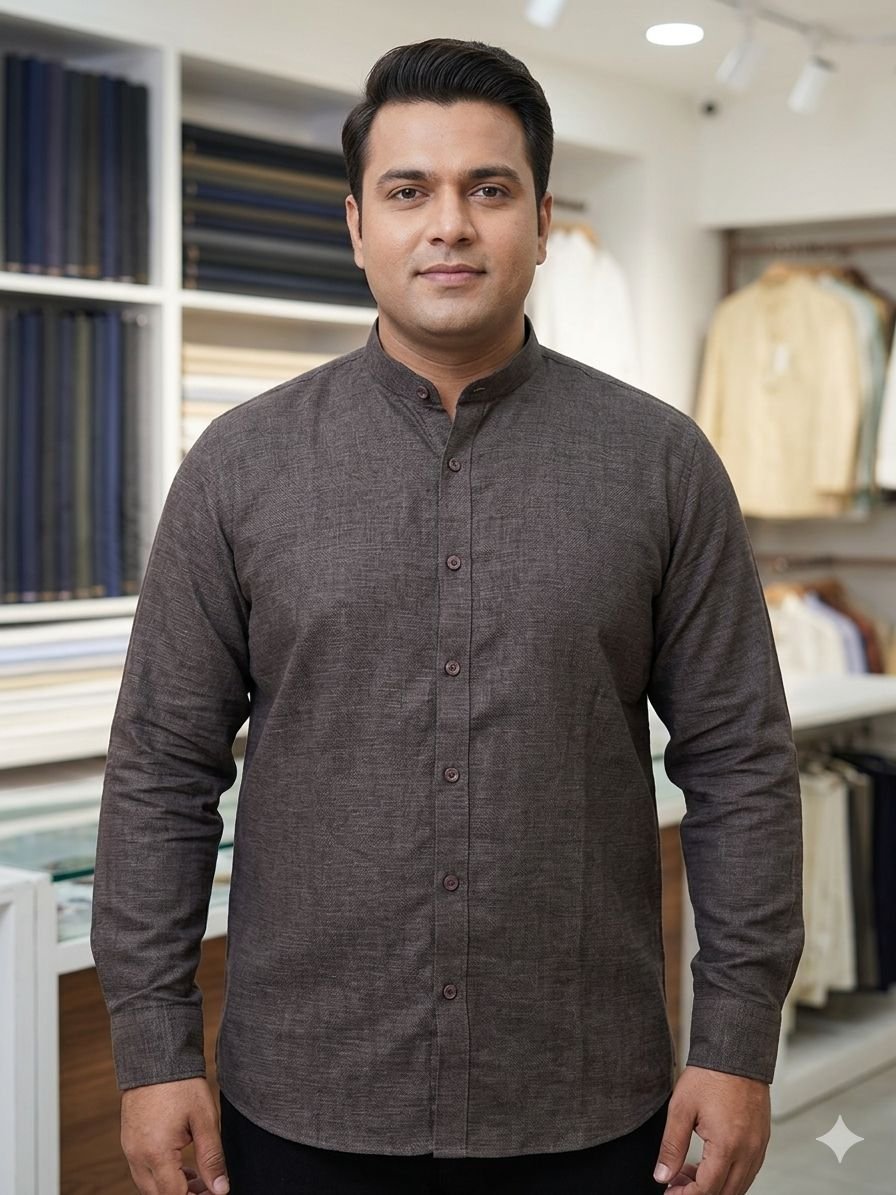 Men's Khadi Bapta Full Sleeve Prince Collar Shirt – Dark Brown