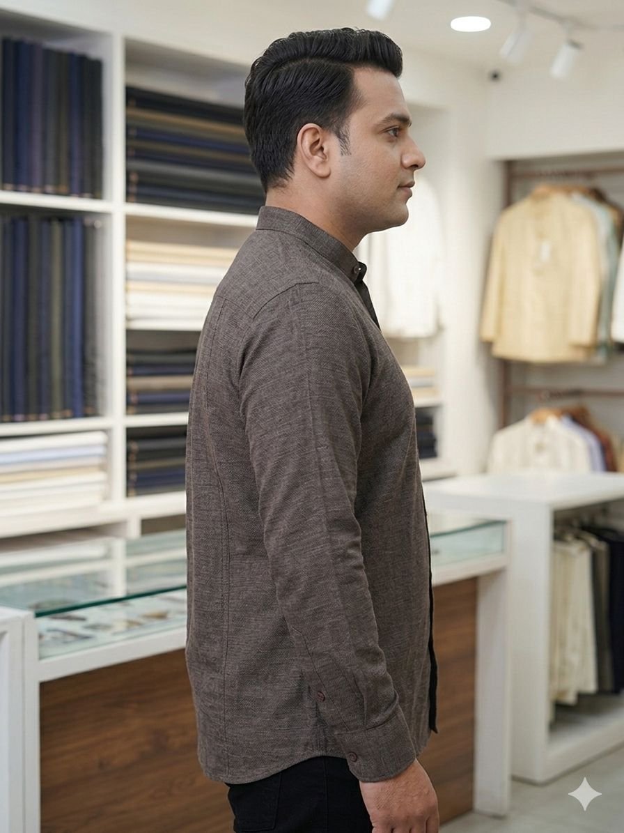 Men's Khadi Bapta Full Sleeve Prince Collar Shirt – Dark Brown - Image 3