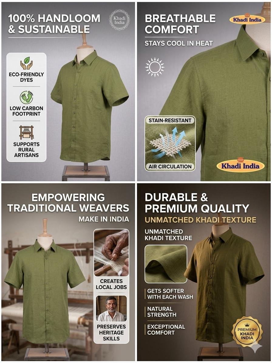 Men's Khadi Cotton Half Sleeve Shirt – Olive Green - Image 4