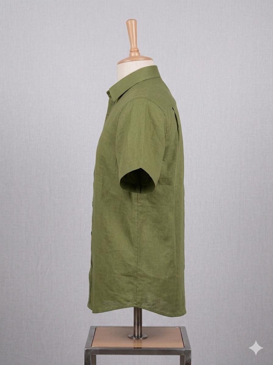 Men's Khadi Cotton Half Sleeve Shirt – Olive Green - Image 3