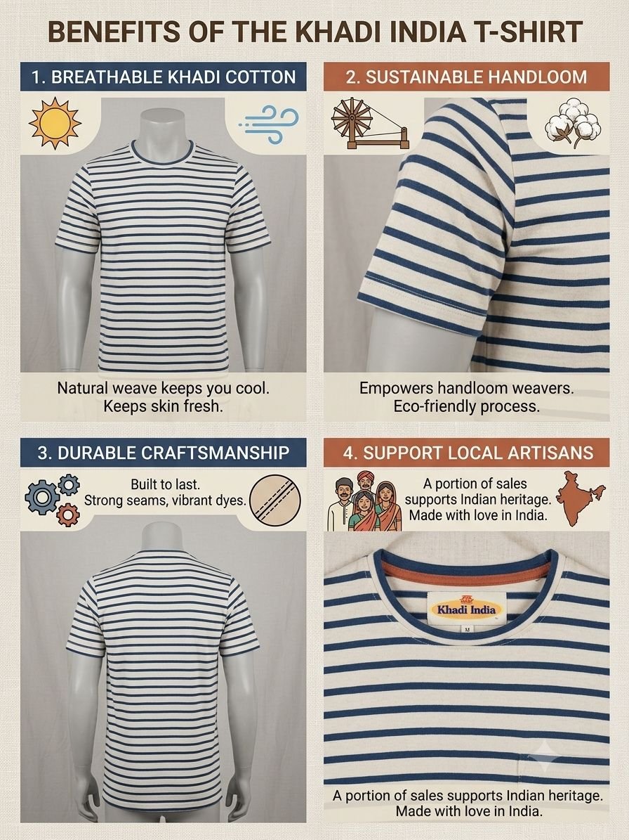 Men's Khadi Bio-Dyed T-Shirt – White with Grey Stripes - Image 4