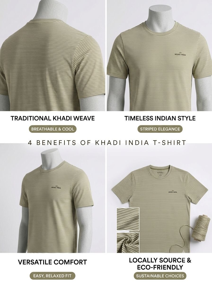 Men's Khadi Bio-Dyed T-Shirt – Olive Green with White Stripes - Image 4