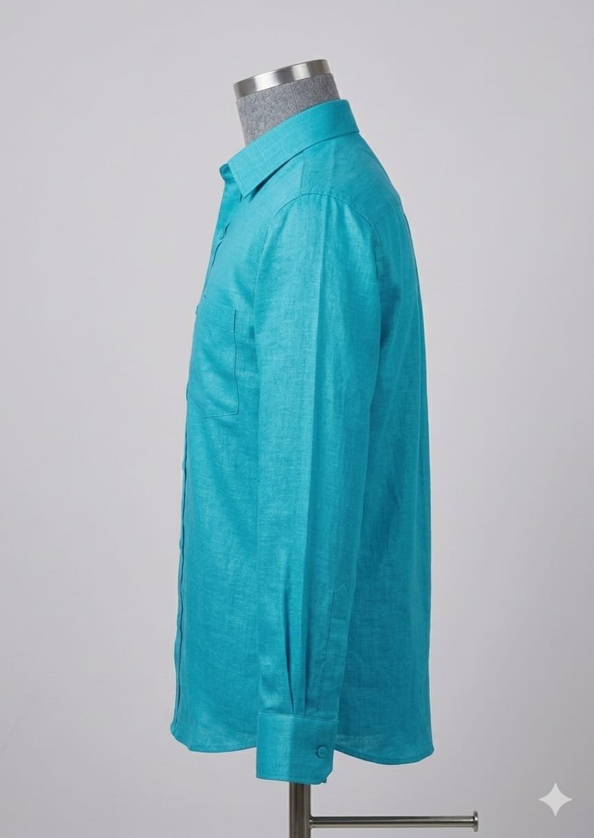 Men's Khadi Paper Silk Full Sleeve Shirt – Aqua Blue - Image 3