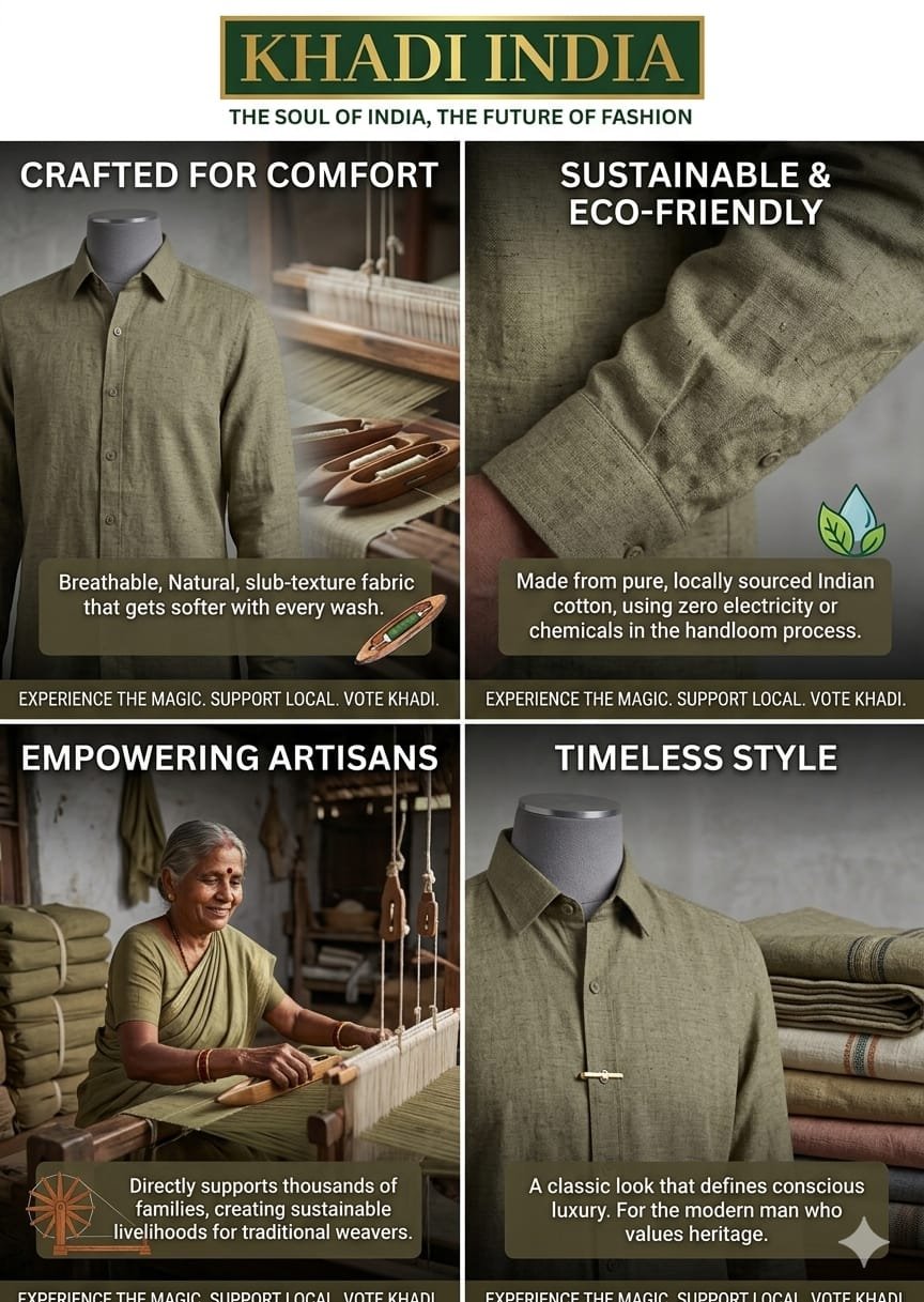 Men's Khadi Paper Silk Full Sleeve Shirt – Olive Green - Image 4