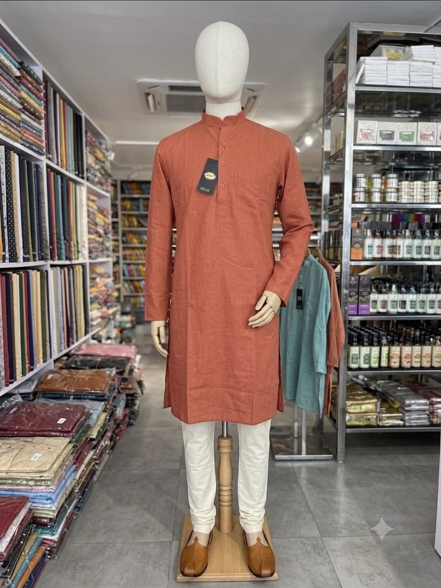 Men's Khadi Full Sleeves Cotton Kurta Set – Rust Orange
