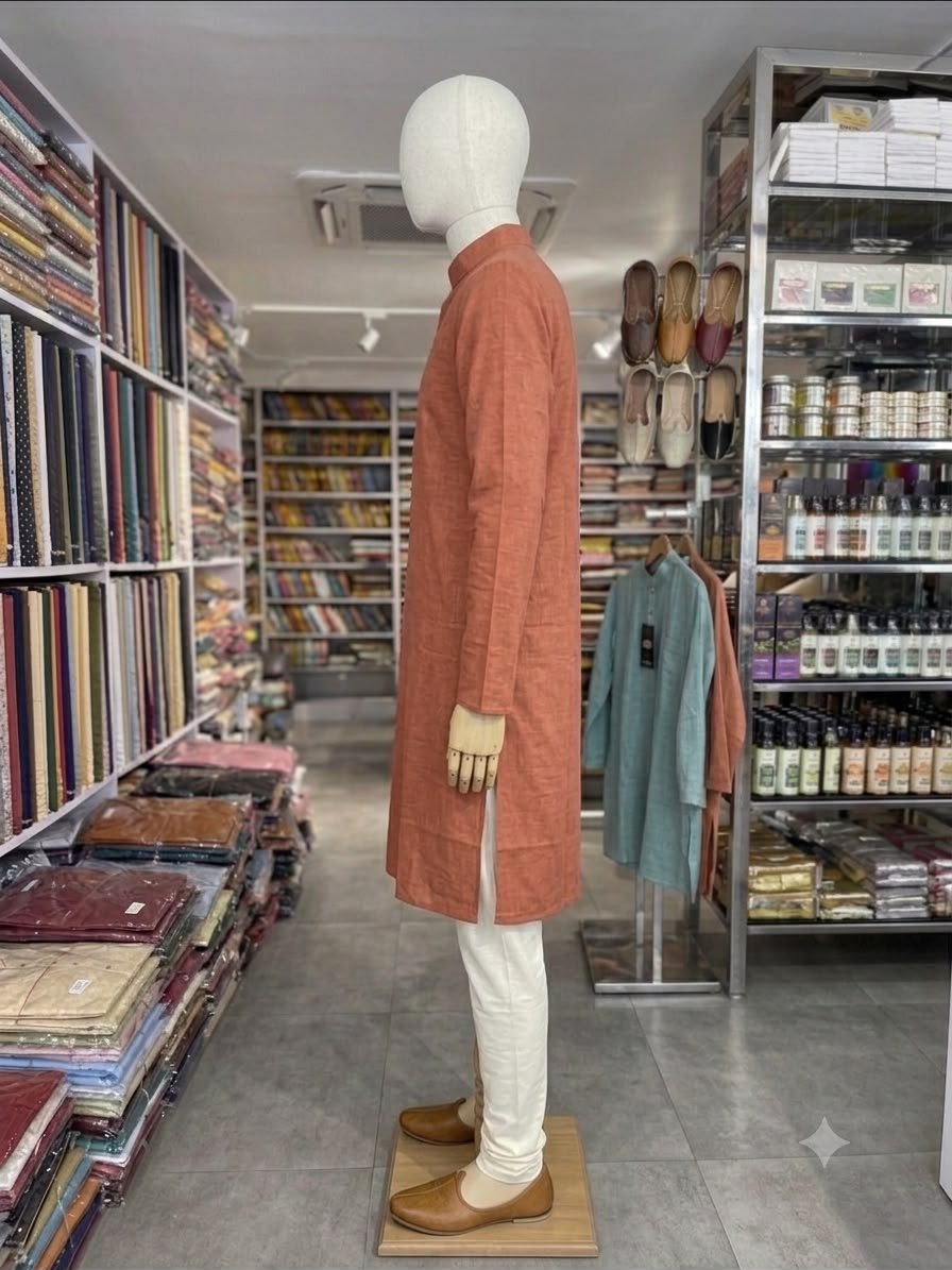 Men's Khadi Full Sleeves Cotton Kurta Set – Rust Orange - Image 3