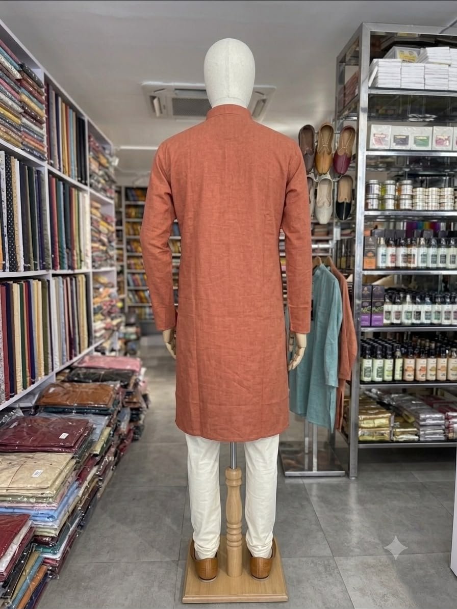 Men's Khadi Full Sleeves Cotton Kurta Set – Rust Orange - Image 2