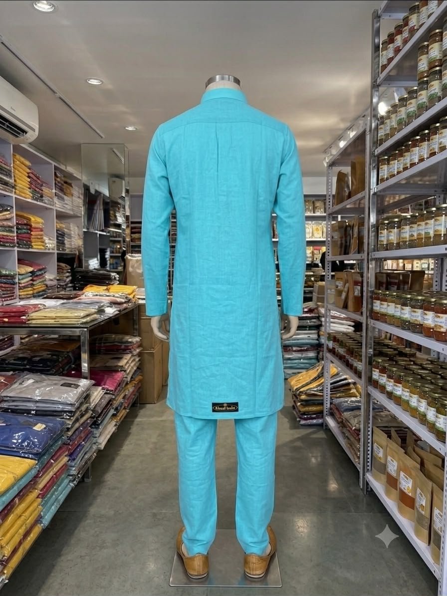 Men's Khadi Full Sleeves Cotton Kurta Set – Sky Blue - Image 2