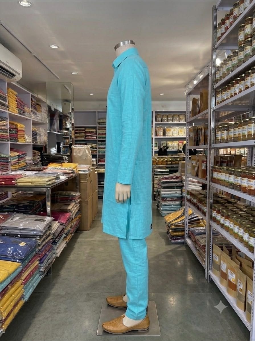 Men's Khadi Full Sleeves Cotton Kurta Set – Sky Blue - Image 3
