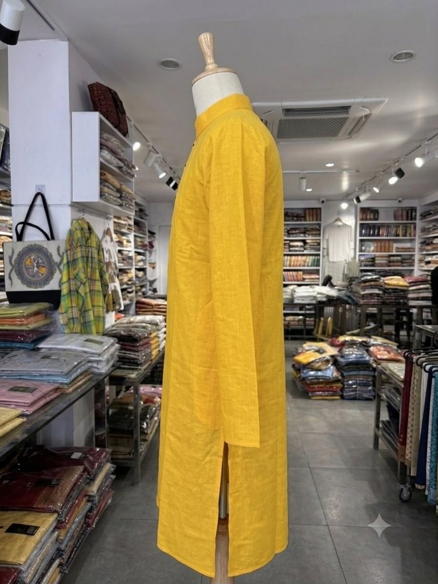 Men's Khadi Cotton Full Sleeve Kurta – Mustard Yellow - Image 3