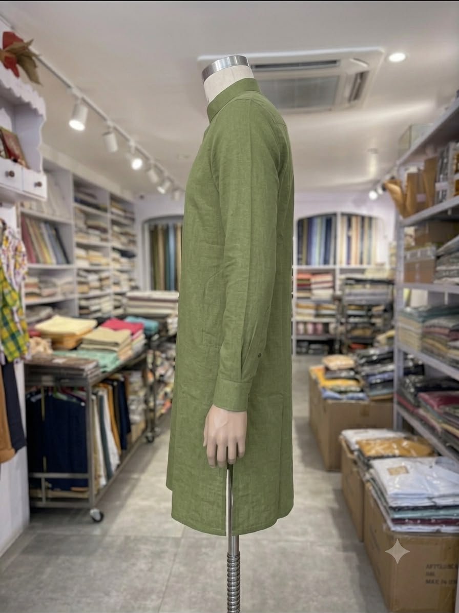 Men's Khadi Cotton Full Sleeve Kurta – Olive Green - Image 3