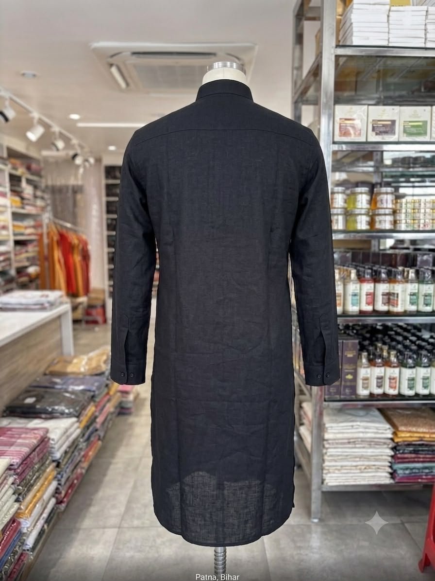 Men's Khadi Cotton Full Sleeve Kurta – Black - Image 3