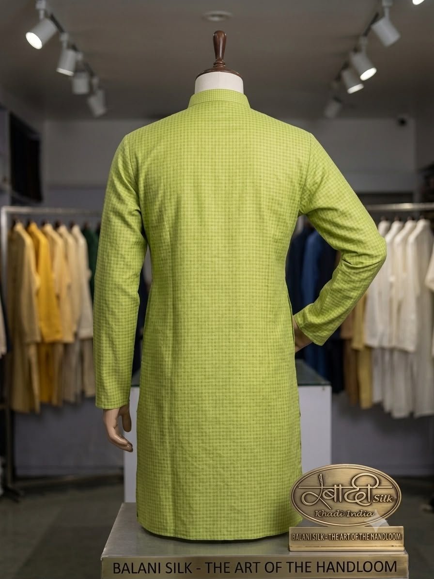 Men's Khadi Full Sleeves Balani Silk Kurta Set – Lime Green - Image 3