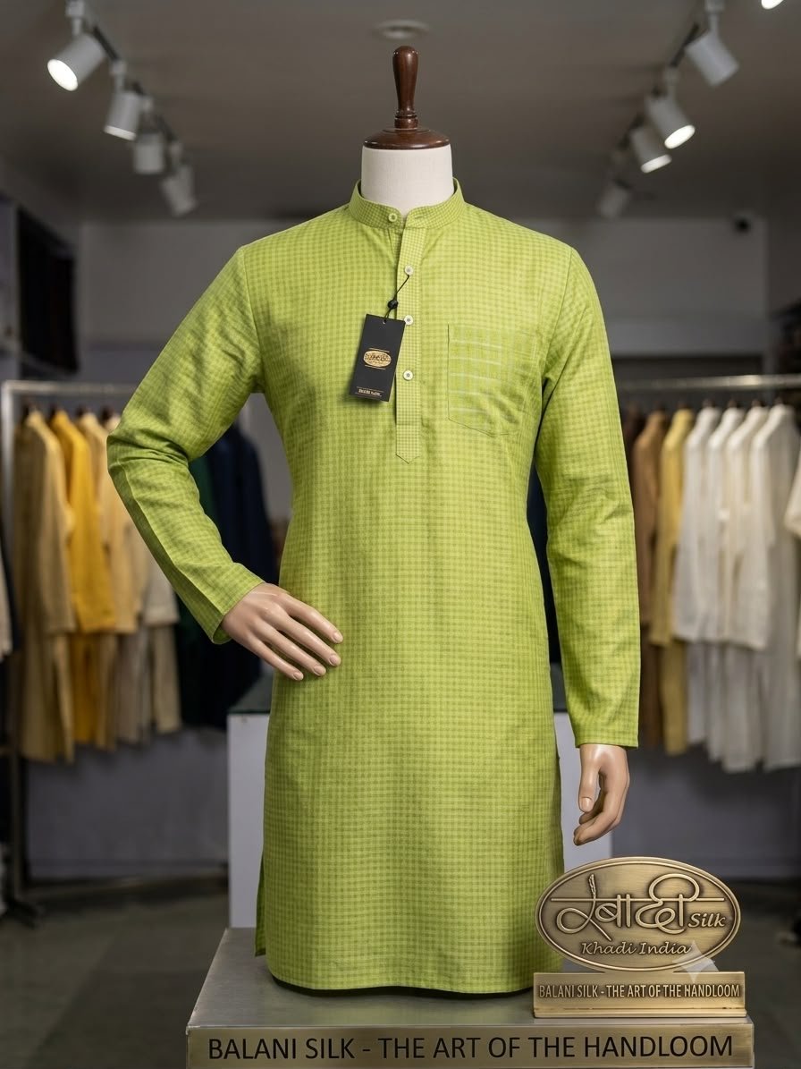 Men's Khadi Full Sleeves Balani Silk Kurta Set – Lime Green