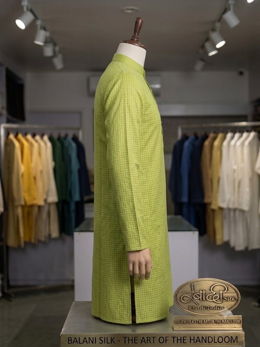 Men's Khadi Full Sleeves Balani Silk Kurta Set – Lime Green - Image 2
