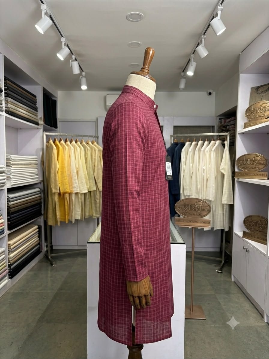 Men's Khadi Full Sleeves Balani Silk Kurta Set – Wine Maroon - Image 3