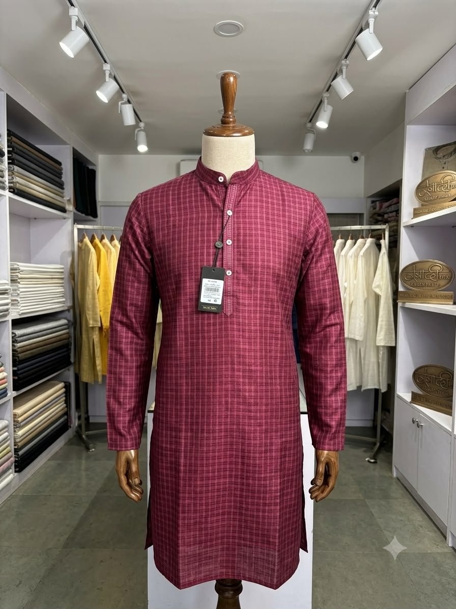Men's Khadi Full Sleeves Balani Silk Kurta Set – Wine Maroon