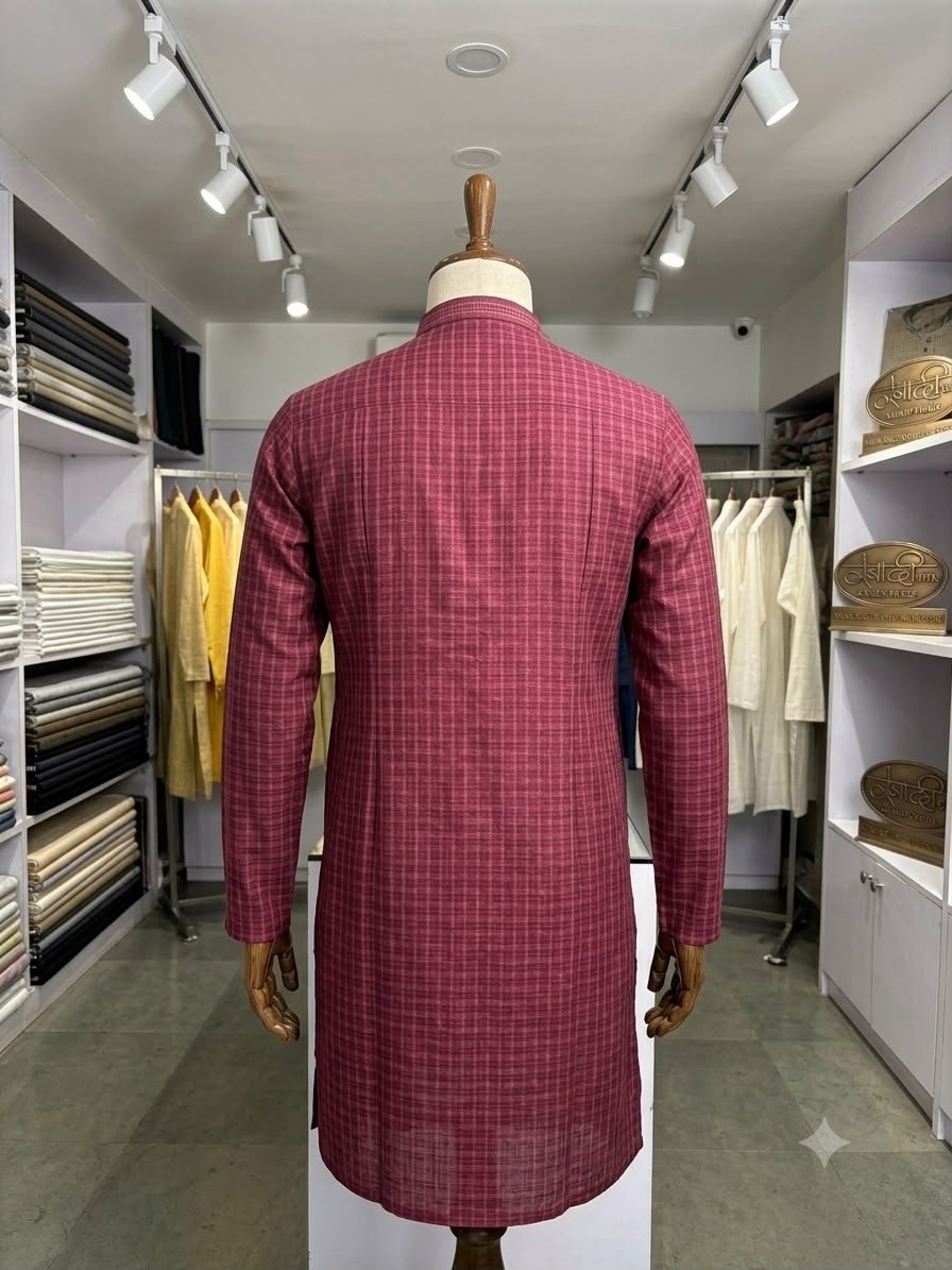 Men's Khadi Full Sleeves Balani Silk Kurta Set – Wine Maroon - Image 2