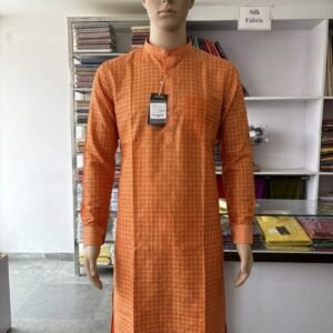 Men's Khadi Full Sleeves Balani Silk Kurta Set – Orange Checkered
