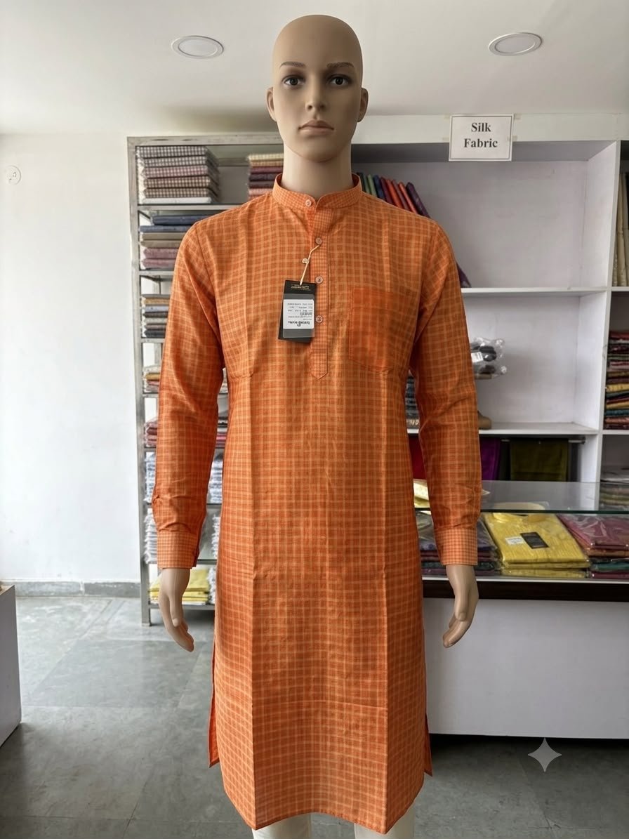 Men's Khadi Full Sleeves Balani Silk Kurta Set – Orange Checkered