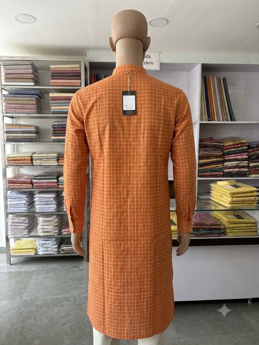 Men's Khadi Full Sleeves Balani Silk Kurta Set – Orange Checkered - Image 2