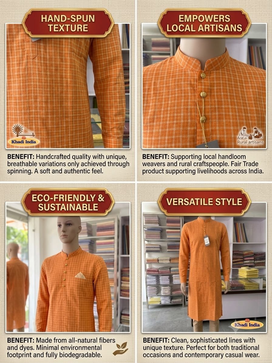 Men's Khadi Full Sleeves Balani Silk Kurta Set – Orange Checkered - Image 4