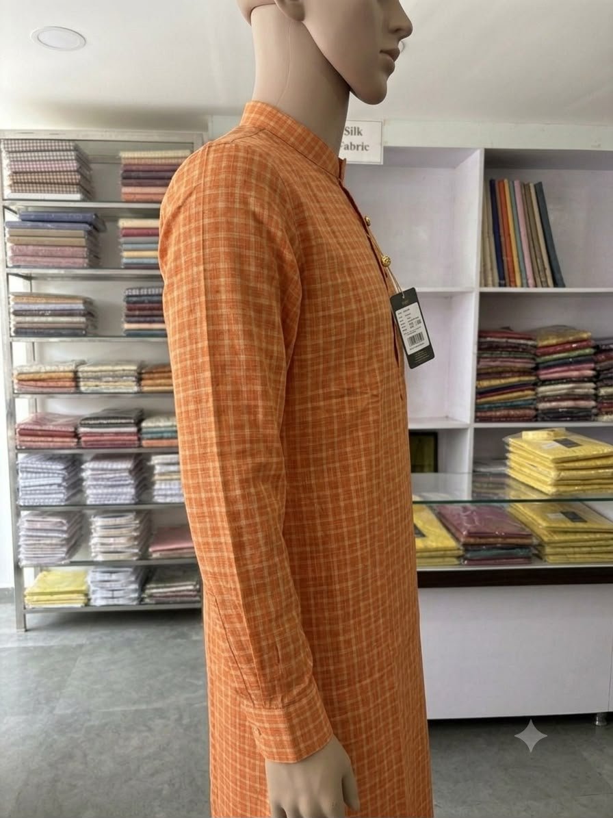 Men's Khadi Full Sleeves Balani Silk Kurta Set – Orange Checkered - Image 3