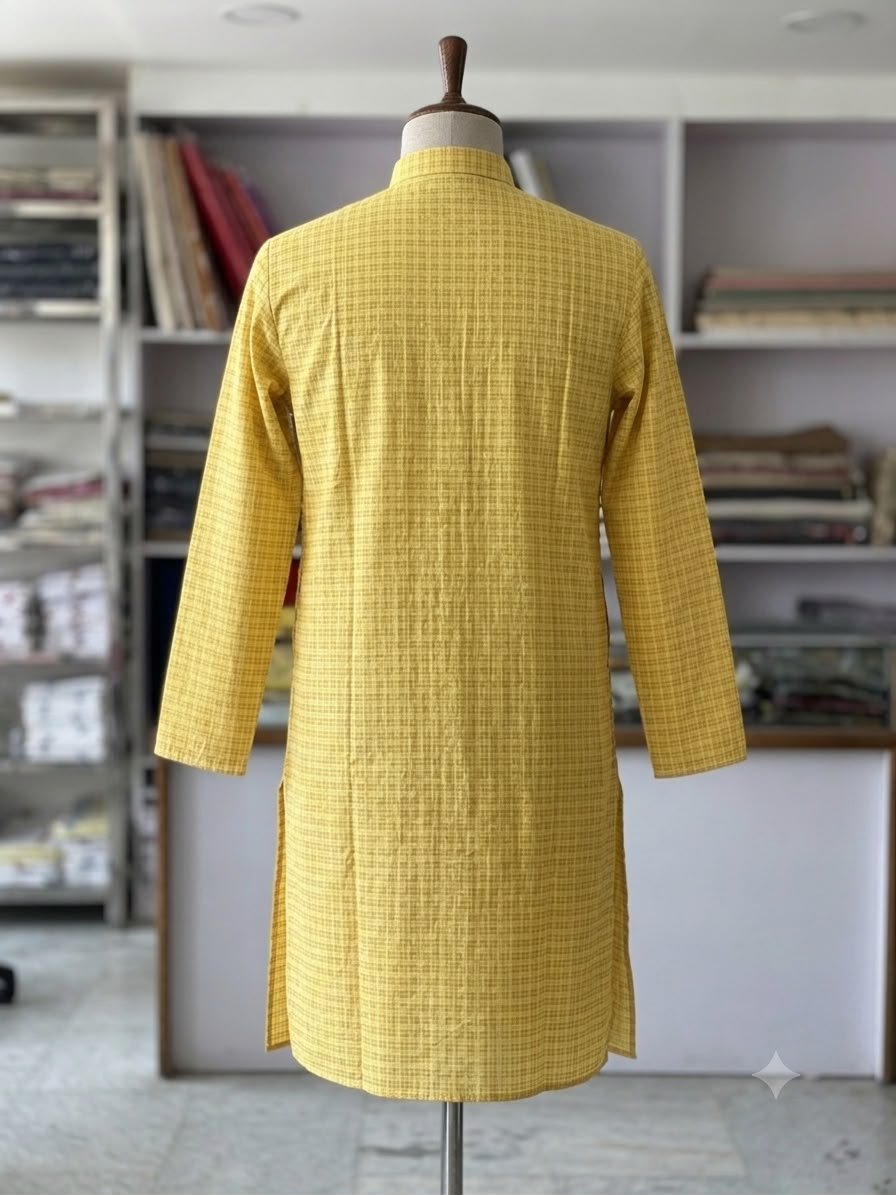 Men's Khadi Full Sleeves Balani Silk Kurta Set – Mustard Yellow Checkered - Image 2