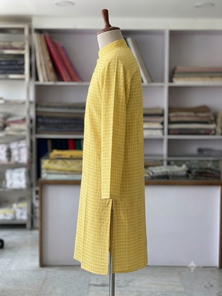 Men's Khadi Full Sleeves Balani Silk Kurta Set – Mustard Yellow Checkered - Image 3