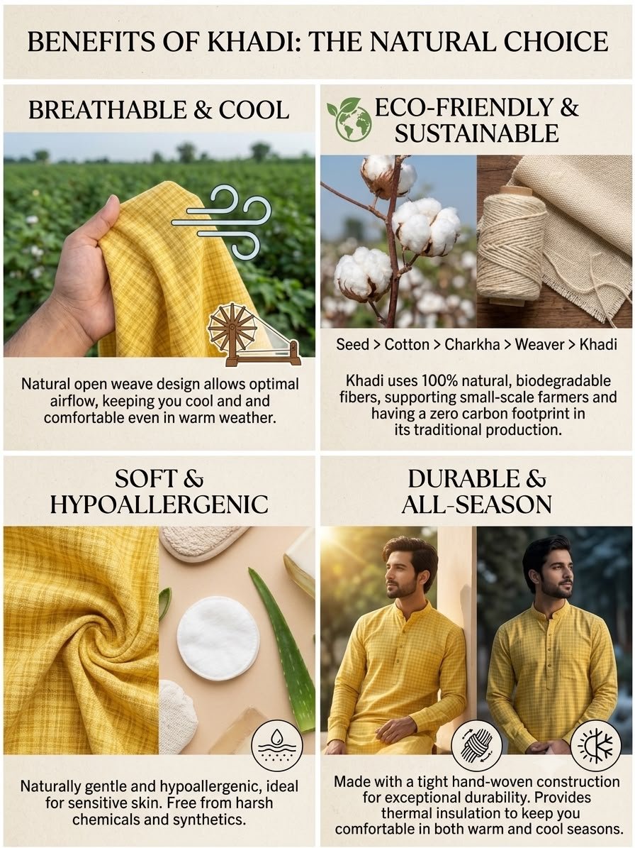 Men's Khadi Full Sleeves Balani Silk Kurta Set – Mustard Yellow Checkered - Image 4
