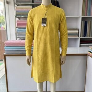 Men's Khadi Full Sleeves Balani Silk Kurta Set – Mustard Yellow Checkered