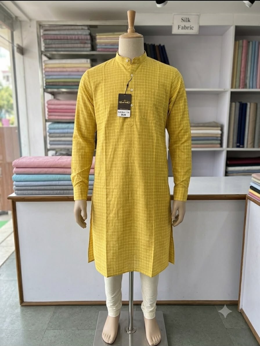 Men's Khadi Full Sleeves Balani Silk Kurta Set – Mustard Yellow Checkered