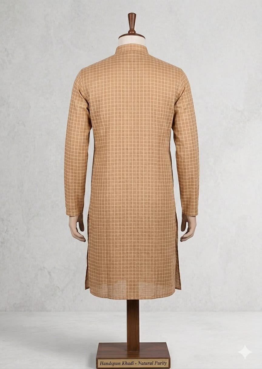 Men's Khadi Full Sleeves Balani Silk Kurta Set – Beige Checkered - Image 2