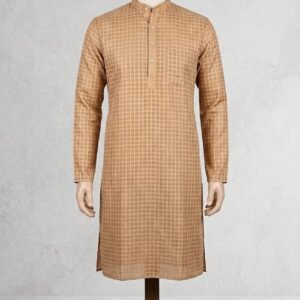 Men's Khadi Full Sleeves Balani Silk Kurta Set – Beige Checkered