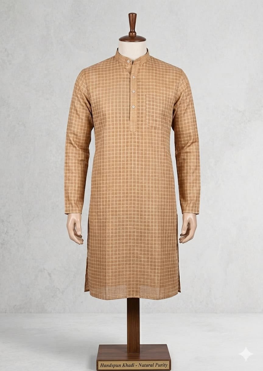 Men's Khadi Full Sleeves Balani Silk Kurta Set – Beige Checkered