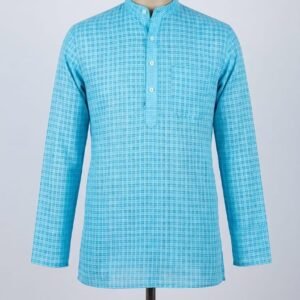 Men's Khadi Full Sleeves Balani Silk Kurta Set – Sky Blue Checks
