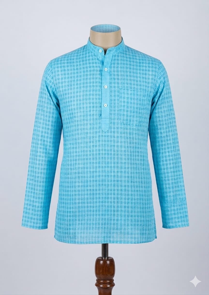 Men's Khadi Full Sleeves Balani Silk Kurta Set – Sky Blue Checks